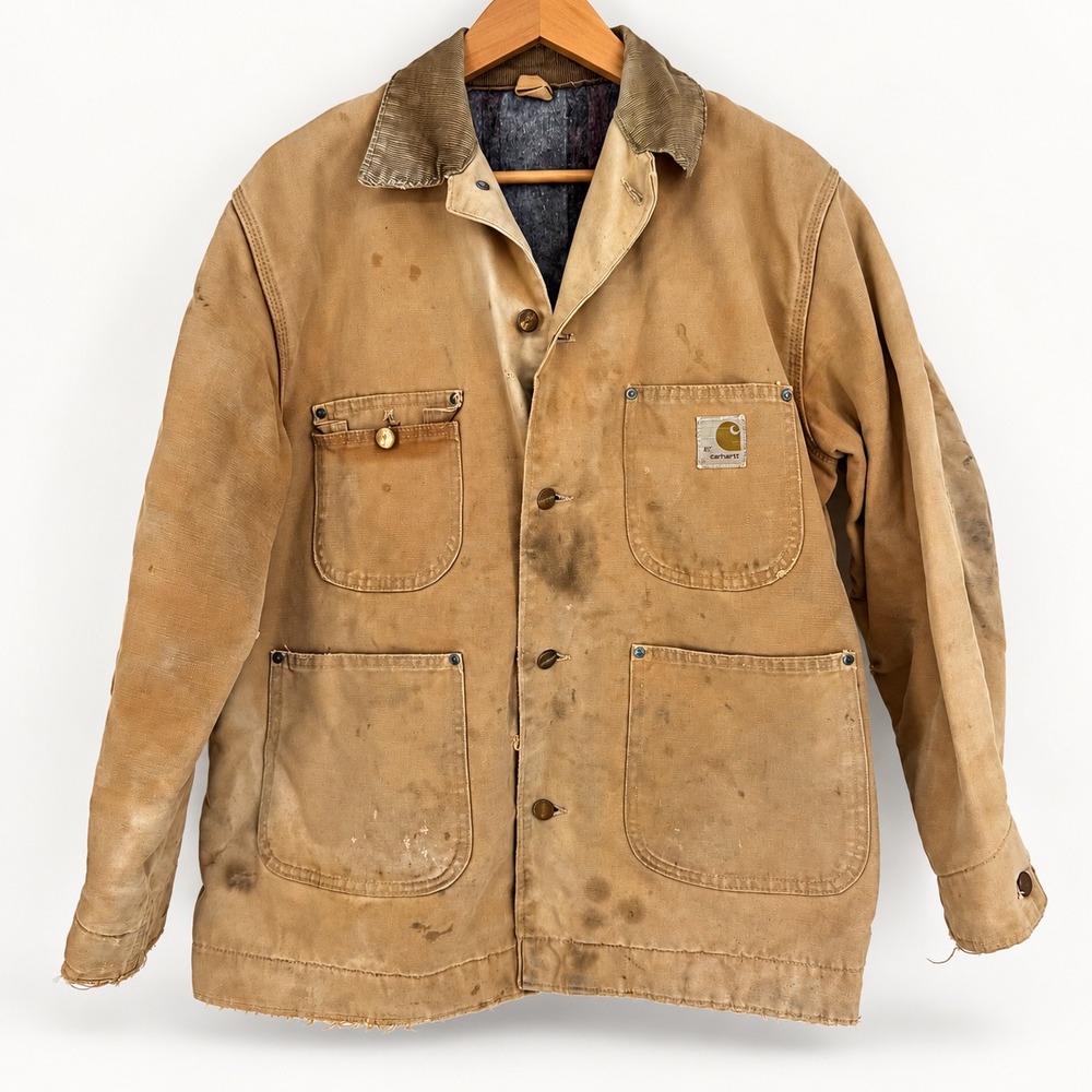 Vintage 70s Carhartt 42 Thrashed Chore Coat Blanket Lined Barn Jacket Corduroy